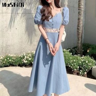 Đầm MUSHIQI tay phồng ngắn ôm eo kiểu retro thời trang mùa hè cho nữ