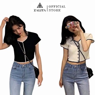 Áo croptop tay ngắn zalita a014 ôm body cổ tàu phối viền
