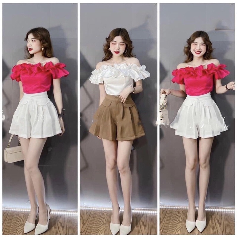 Quần giả váy dáng xoè 2 cúc nắp túi chất thô kaki , Quần váy dáng xoè chất thô kaki 2 cúc siêu xinh