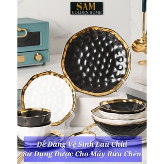 Bộ tô chén đĩa sứ tráng men - pearl viền vàng sang trọng không chứa chì