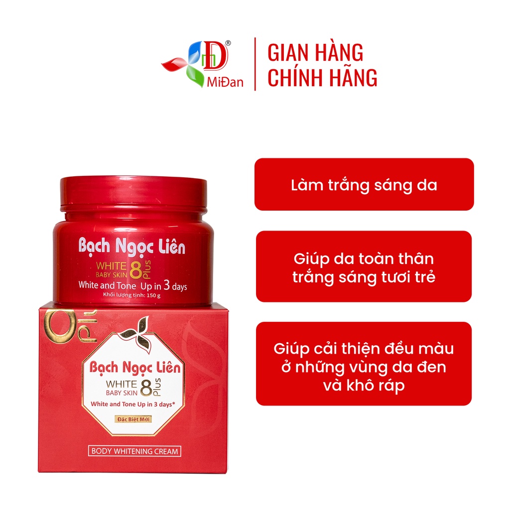 Kem body trắng da Bạch Ngọc Liên - White Baby Skin 8Plus hỗ trợ làm đẹp da, đều màu da cho da sáng mịn 150g