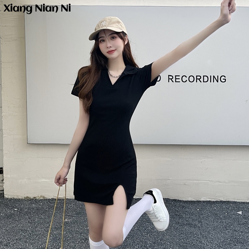 Đầm cotton một mảnh XIANG NIAN NI màu đen cổ V quyến rũ thời trang cho nữ