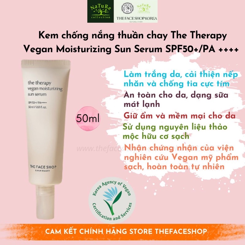Kem chống nắng thuần chay chống lão hóa The Face Shop Clean Beauty The Therapy Vegan Moisturizing Sun Serum SPF50+PA++++