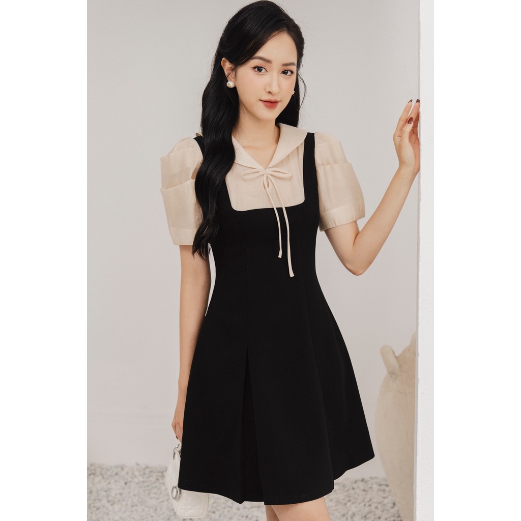 Váy yếm phối cổ nơ tay xếp kiểu sang trọng chính hãng TIINSTORE VHN768