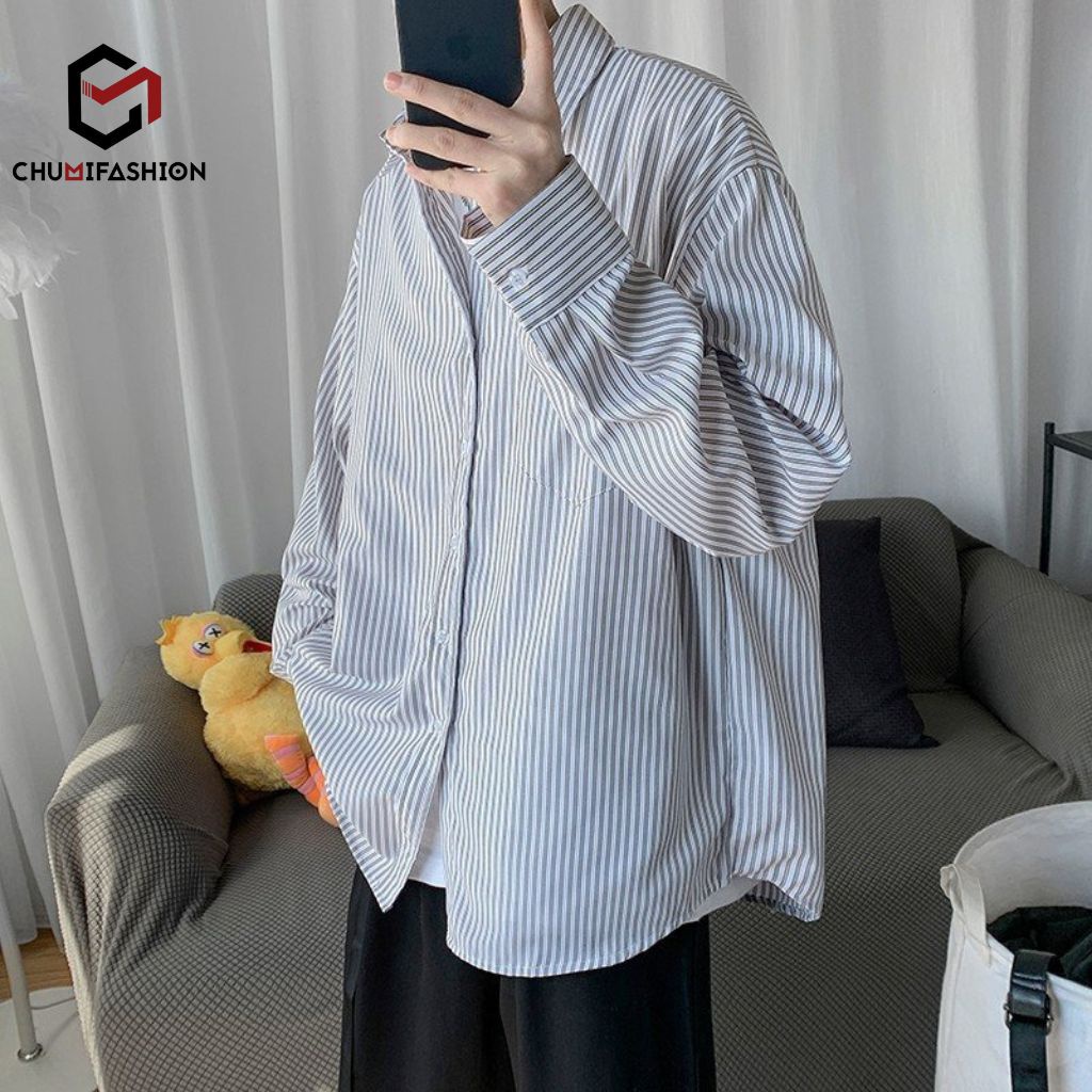 Áo Sơ Mi Sọc CHUMI SHIRT Form Rộng Dài Tay Unisex Basic Phong Cách Hàn Quốc ASM363