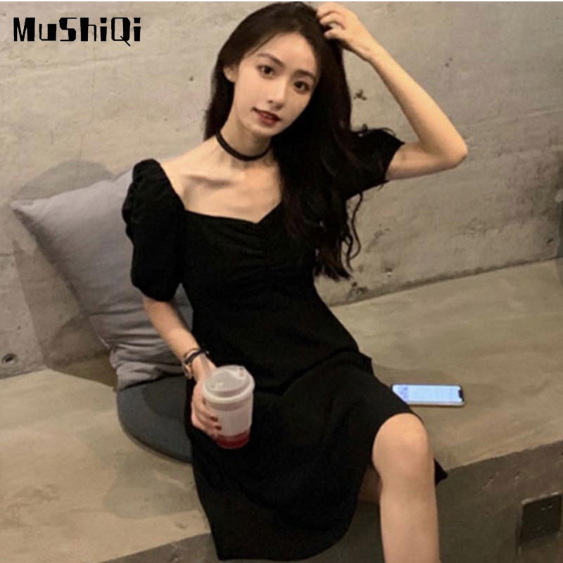 Đầm MUSHIQI cổ vuông ôm eo phong cách Pháp cổ điển thời trang mùa hè cho nữ