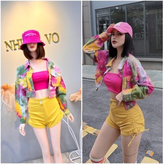 Bộ áo khoác màu + short rút hông + áo dây
