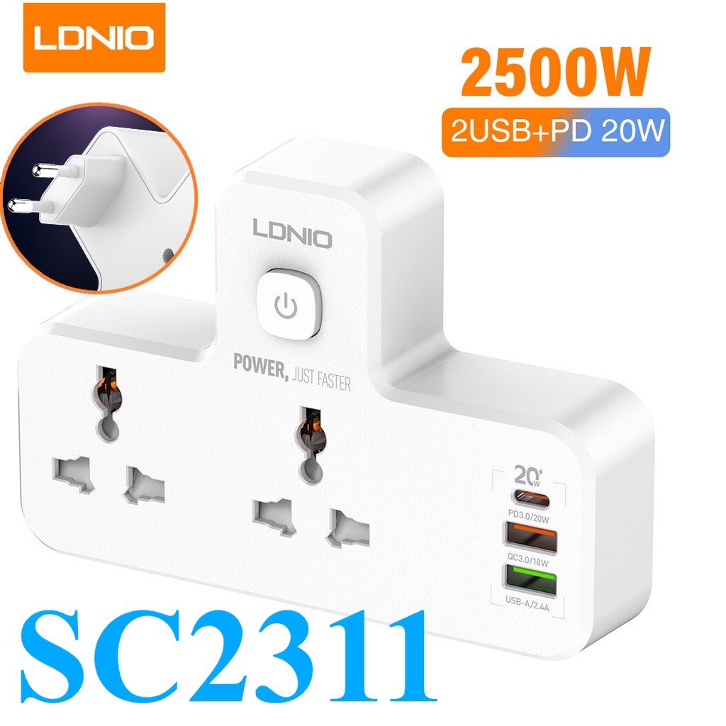 Ổ cắm điện đa năng LDNIO SC2311 tải 2500W thông minh PD sạc nhanh 20W tích hợp đèn ngủ 2023