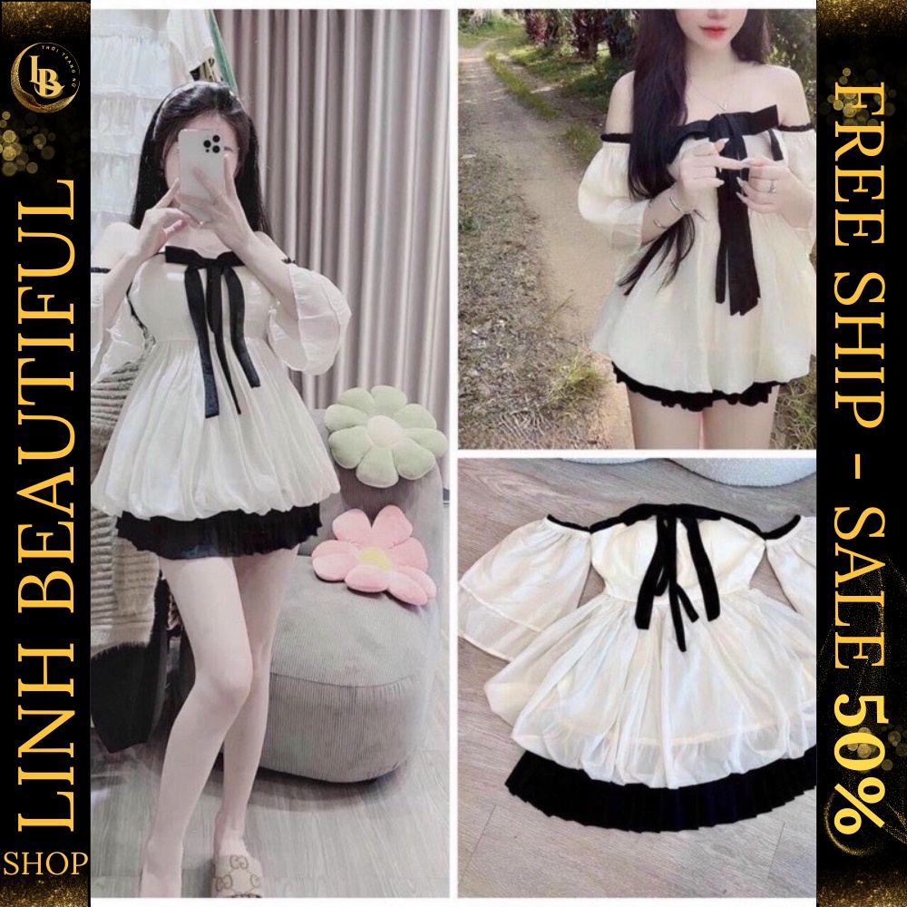 💕𝙁𝙍𝙀𝙀𝙎𝙃𝙄𝙋💕Sét áo trễ vai bèo tiểu thư cột nơ mix chân váy xếp ly dáng xoè phong cách tiểu thư, bánh bèo, Linh Beautiful