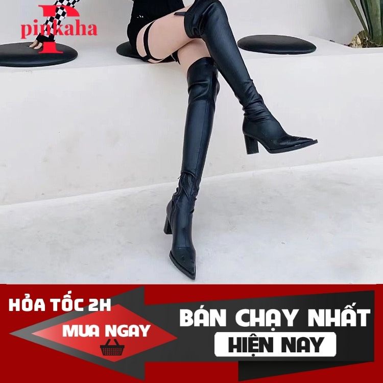 (HàngSẵn) Bốt đùi da mềm trên gối cá tính Quảng Châu cao cấp đế 7p gót vuông khóa bên boot ulzzang chuẩn size