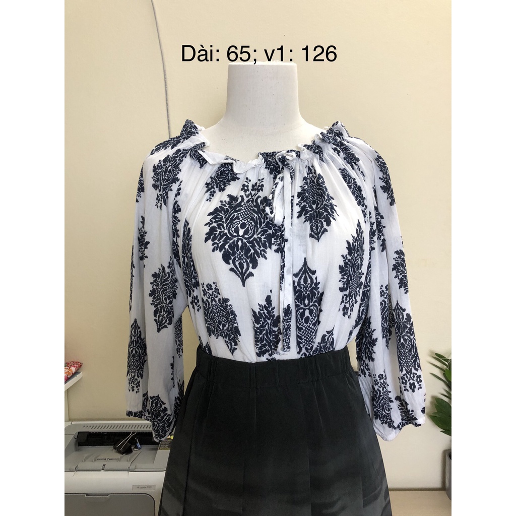 Áo sơ mi kiểu si tuyển 2hand dài tay, vải xô, hoạt tiết, cổ rút dây điều chỉnh được