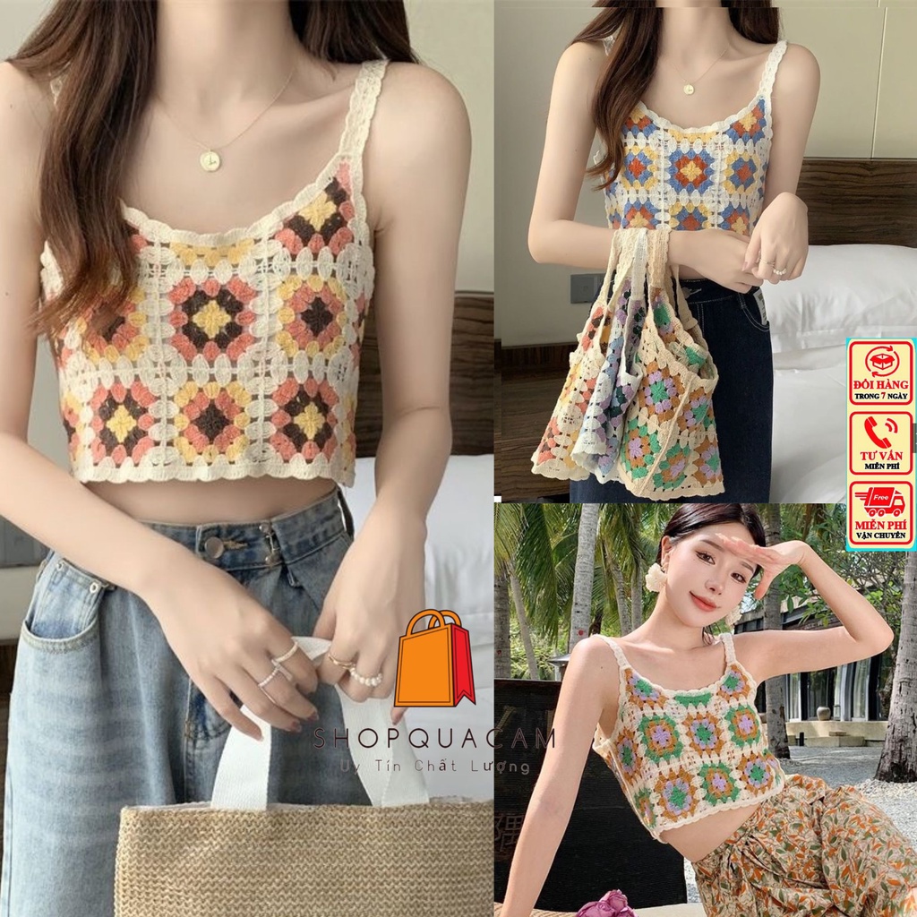 Áo Len 2 Dây Tank Top Dệt Kim Lỗ Bằng Tay Siêu Xinh Cổ Tròn Phối Họa Tiết Hình Khối Nhiều Màu Phù Hợp Đi Dạo Biển | BigBuy360 - bigbuy360.vn