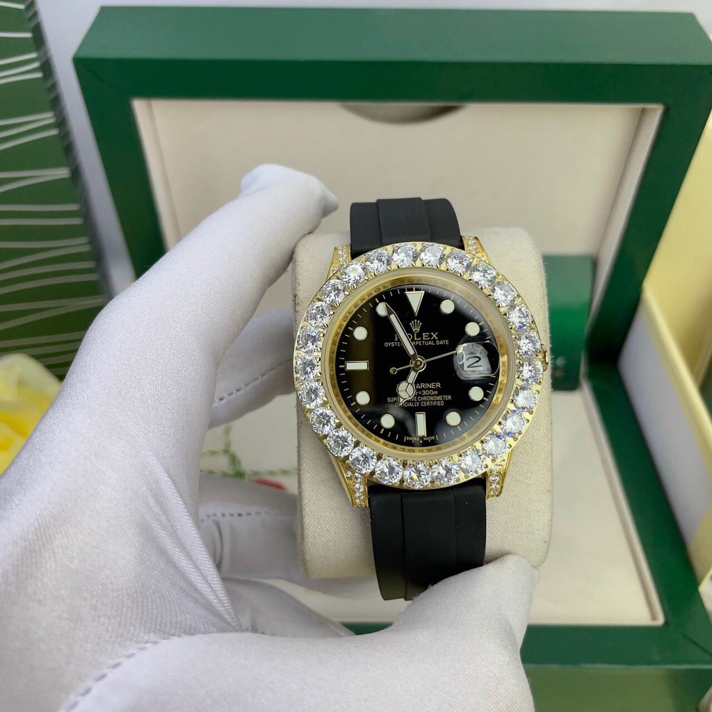 Đồng hồ Nam Rolex dây cao su máy nhật dòng cơ Automatic size 40mm mặt đen vành đá tròn vỏ vàng gold