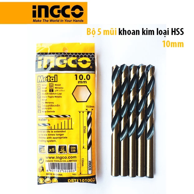 Bộ 5 mũi khoan kim loại HSS Ø 10mm INGCO DBT1101003 chiều dài mũi 133mm, chiều dài sử dụng: 87mm | Mũi Khoan Sắt Ingco