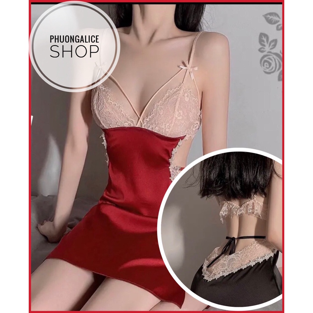 Váy ngủ nữ sexy phối ren,đầm ngủ cột lưng gợi cảm lụa satin cao cấp kèm quần- Phuongaliceshop