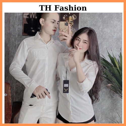 áo sơ mi cặp đôi nam nữ tay dài chất đũi in nổi chữ ICON nhỏ 2 màu đen trắng