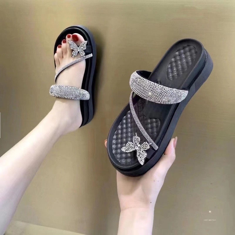 Dép quai ngang thời trang đính đá, Dép nữ đế bánh mì