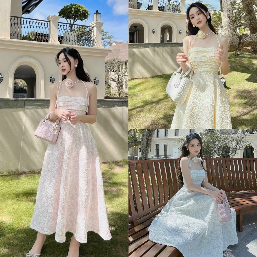 Đầm gấm hoa kèm dây cổ đính hoa dáng xòe thân dài với các tone màu dịu dàng cho các tình yêu đi biển