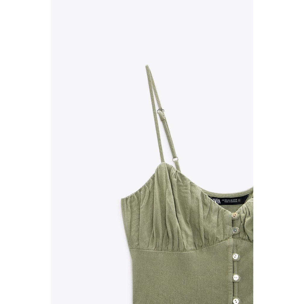 ZARA Đức - Đầm midi maxi dài hai dây cổ V đũi pha viền xòe cúc cài trước màu xanh lá sale auth new có sẵn 7980/939