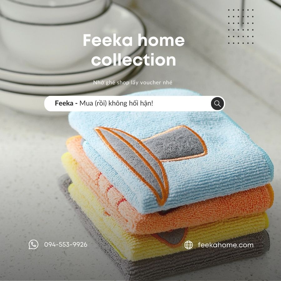 Khăn lau bếp đa năng siêu thấm microfiber FEEKA, khăn lau cửa kính xe ô tô cao cấp xinh xắn có móc treo