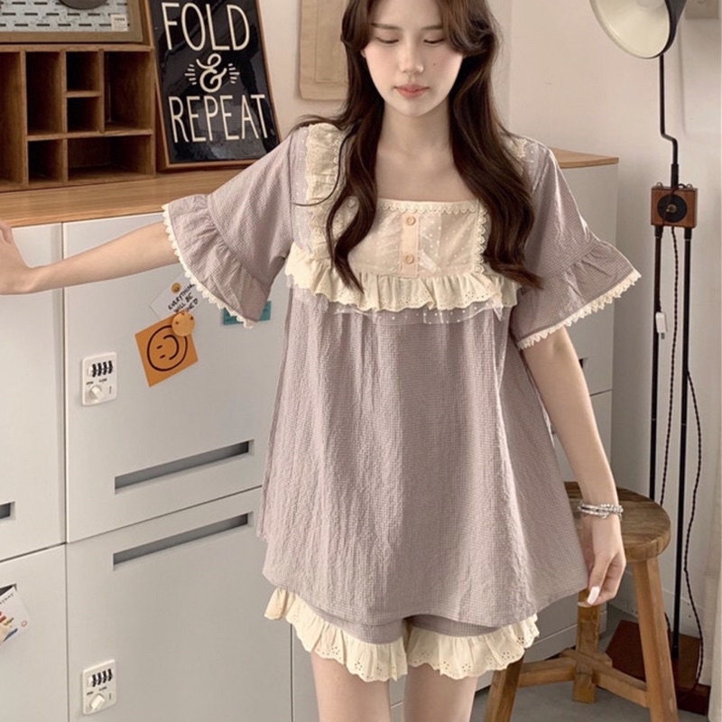 Set Bộ Ngắn - Đồ Bộ Nữ Mặc Nhà Phối Viền Bèo Cổ Vuông Ulzzang Quảng Châu