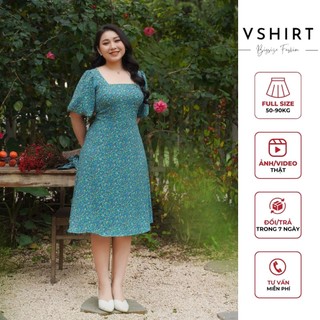 Váy hoa nhí xanh cổ vuông VSHIRT chất liệu tằm hàn có lót mát mẻ mềm mại