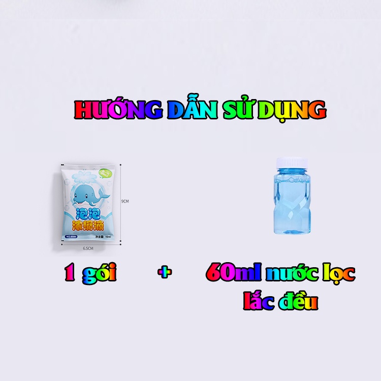 Đồ chơi bong bóng dung dịch tạo bong bóng nhiều màu pha 1 gói + 60ml nước lắc đều và lắp vào súng bắn bong bóng