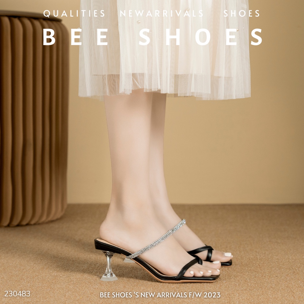 GUỐC NỮ BEESHOES MŨI VUÔNG- GUỐC NỮ GÓT NHỌN CAO 6 PHÂN SẴN MÀU ĐEN - KEM 230483