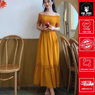 Đầm maxi bẹt vai bo chun co giãn tôn dáng màu vàng tươi tắn