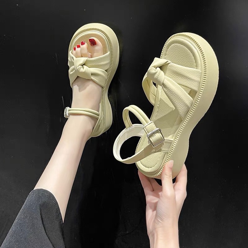 Giày sandal nữ nơ phong cách tiểu thư bánh bèo đế cao 5cm chất liệu da PU cao cấp phù hợp đi học