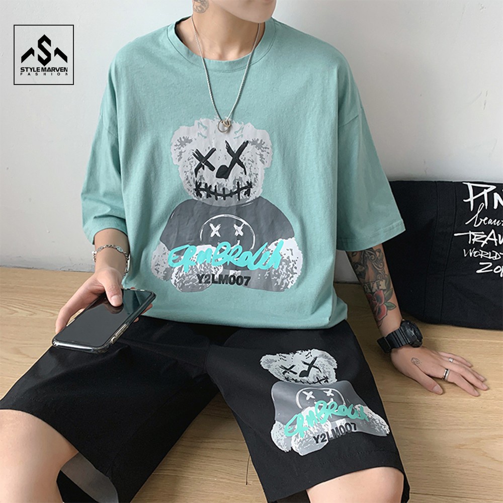 Bộ quần áo thun nam tay lỡ STYLE MARVEN cổ tròn hình gấu trẻ trung dễ thương - SET NAM 90000163