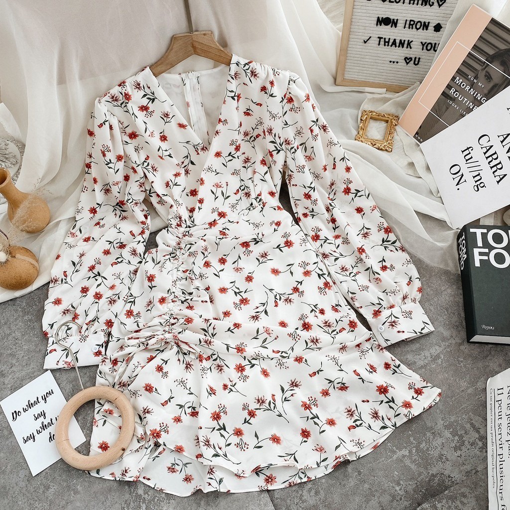 Đầm/Váy hoa nhí đỏ chất thun cổ đắp chéo dây rút thân trước - Momiji Store