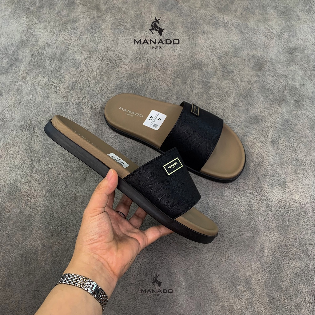 Dép da nam quai ngang cao cấp Manado Mã MND13 màu đen vàng fullbox, quai da mềm mại, đế cao su thiết kế chắc chắn