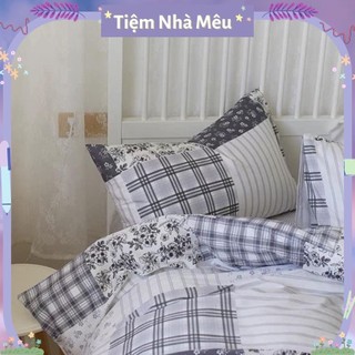 Bộ 4 Món Vỏ Chăn Ga Gối Cotton Living- Cotton 100% Hàn Quốc Hoa Xám Ô Vuông Fullsize m6/m8/2m - Tiệm Nhà Mêu