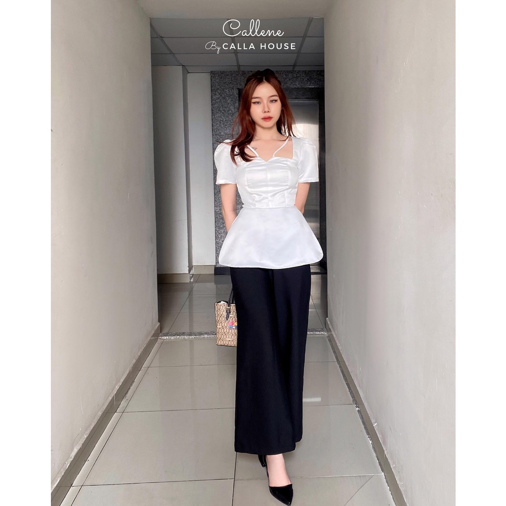 Áo kiểu Peplum thiết kế tay ngắn phồng dây chéo cổ V tiểu thư sang trọng Callene (L1670)