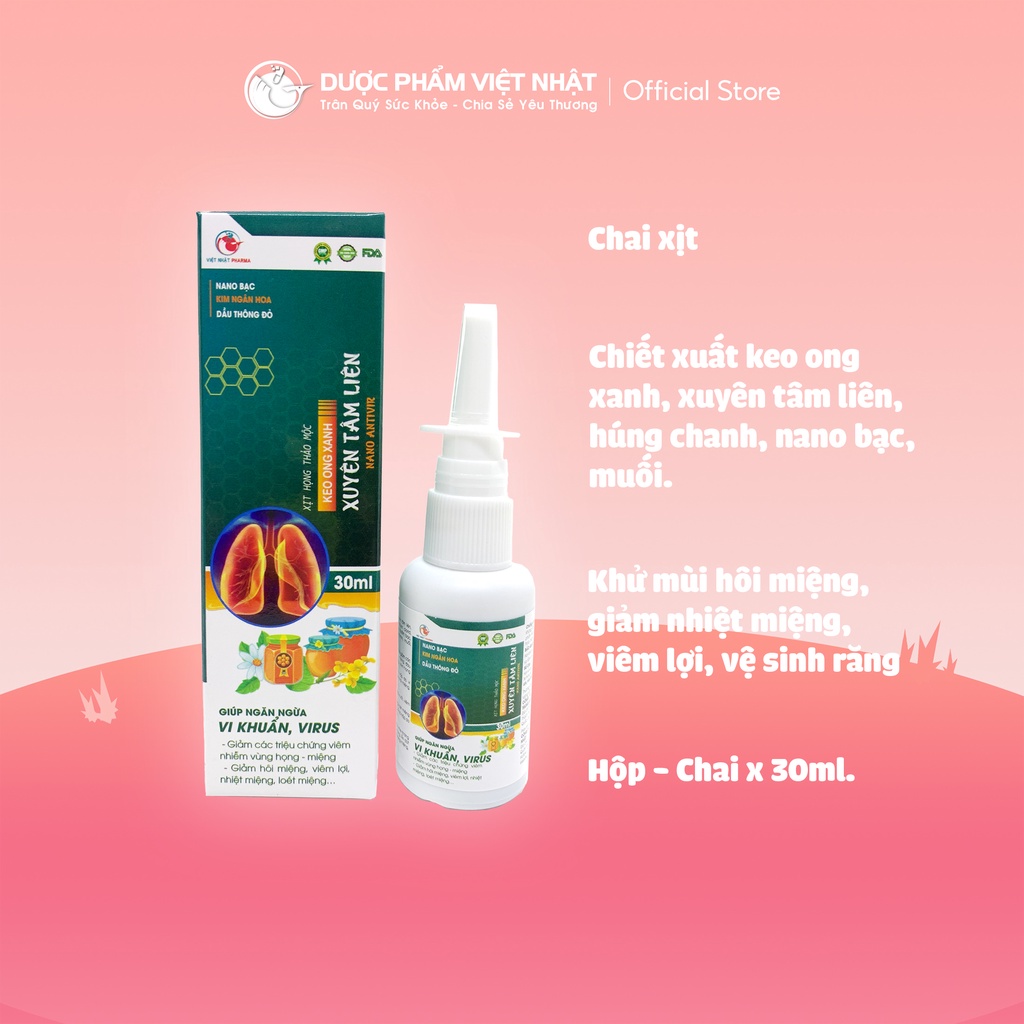 Xịt Họng Thảo Mộc Keo Ong Xanh Xuyên Tâm Liên Việt Nhật ngừa, giảm các biểu hiện viêm họng và miệng. Chai x 30ml