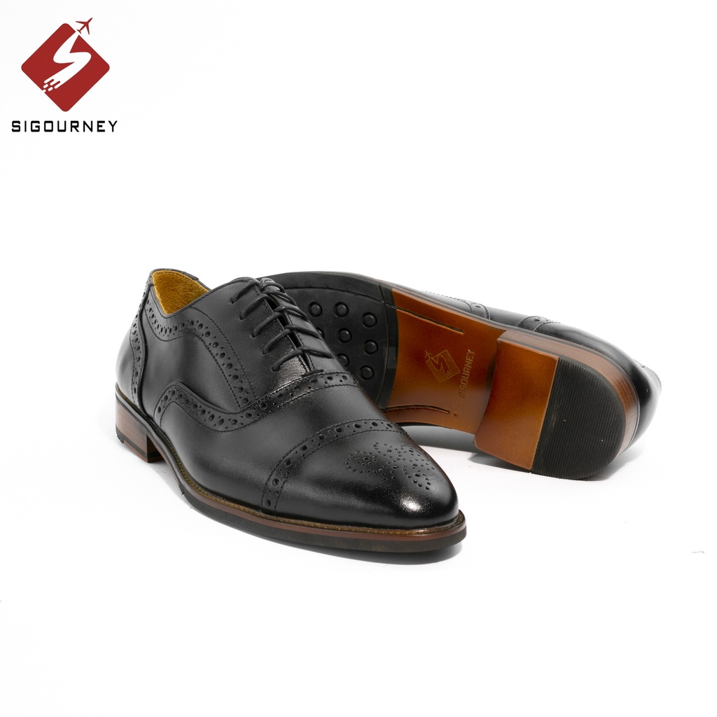 Giày Tây Nam Đế Phíp Gỗ Cao Cấp Họa Tiết Đục Lỗ Brogues SIGOURNEY Màu Đen Trơn SCC-03 Bảo Hành 18 Tháng