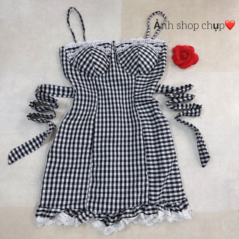 Set Đầm Cúp Khuôn Ngực Caro Sọc Viền Ren Kèm Quần Short Đùi Cùng Tone
