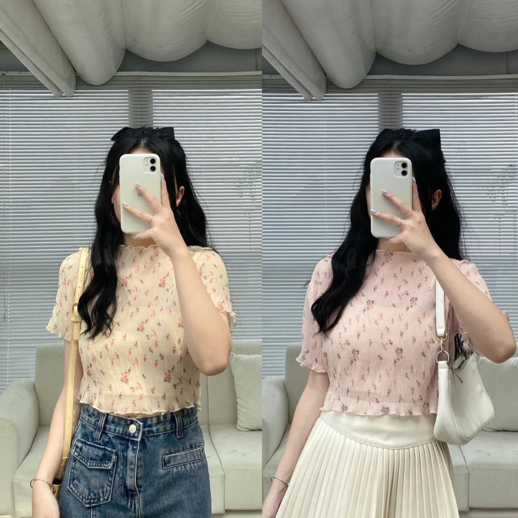 Sét áo voan hoa nhí ngắn tay kèm áo quây 2 màu be hồng phong cách ulzzang xưởng sỉ nguyễn hoa