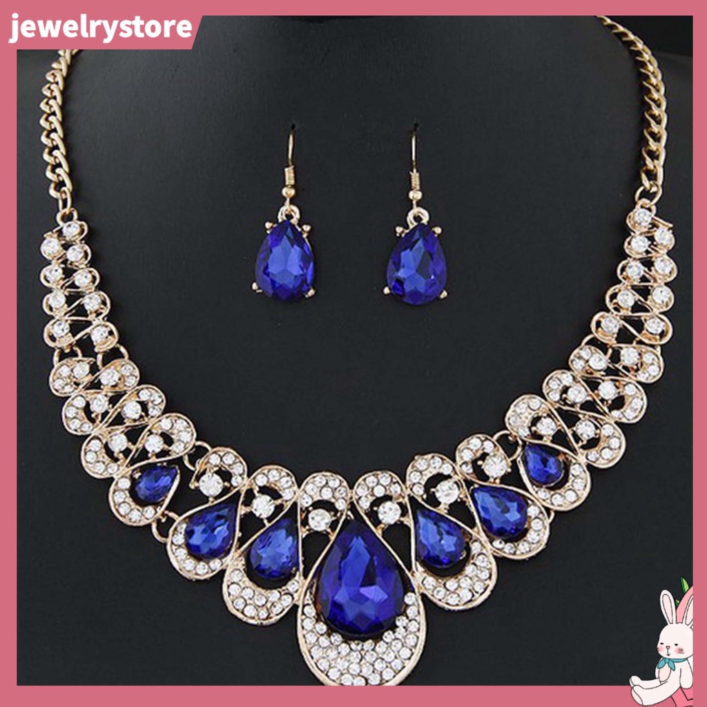 {jewelrystore} Set 2 Vòng cổ / Bông Tai Hình Giọt Nước Đính Đá Nhiều Màu Sắc