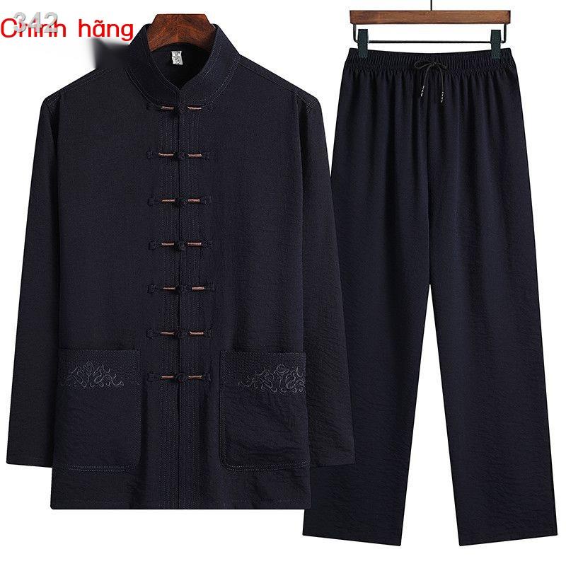 【2023】✶❁☫Trang phục xuân hè cotton lanh Tang nam trung niên và cao tuổi bố dài tay Hán phong cách Quốc ông nội người già