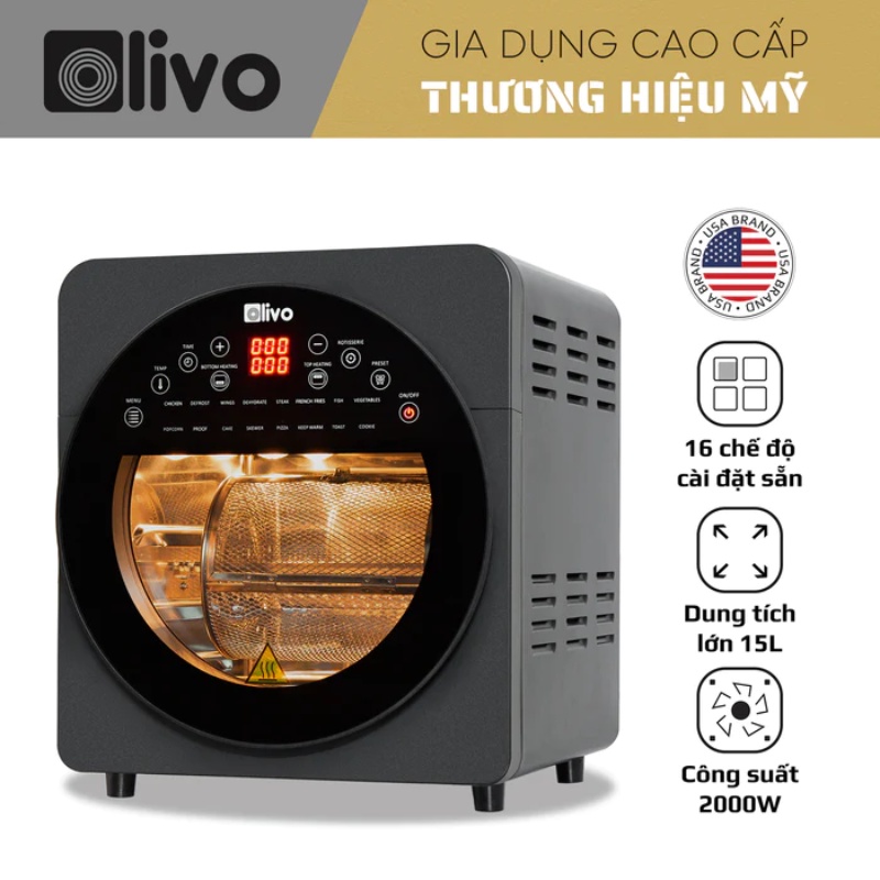 Nồi Chiên Không Dầu OLIVO AF15 - 16 Chức Năng - Dung Tích 15L - Hàng Chính Hãng- Tặng Kẹp Inox