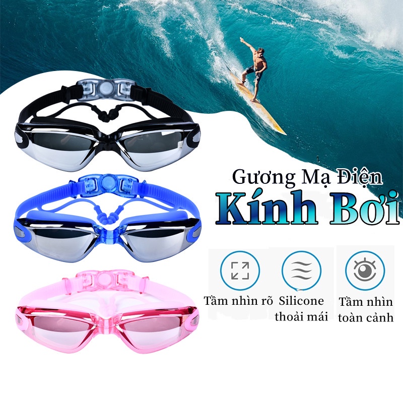 Kính bơi thể thao,Kính bơi tráng gương chống nước, chống mờ, chống tia UV kèm bịt tai kẹp mũi cho người lớn và trẻ em