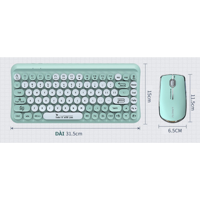 Bộ bàn phím mini 85 phím nút tròn và chuột không dây dùng cho văn phòng - Piggyy