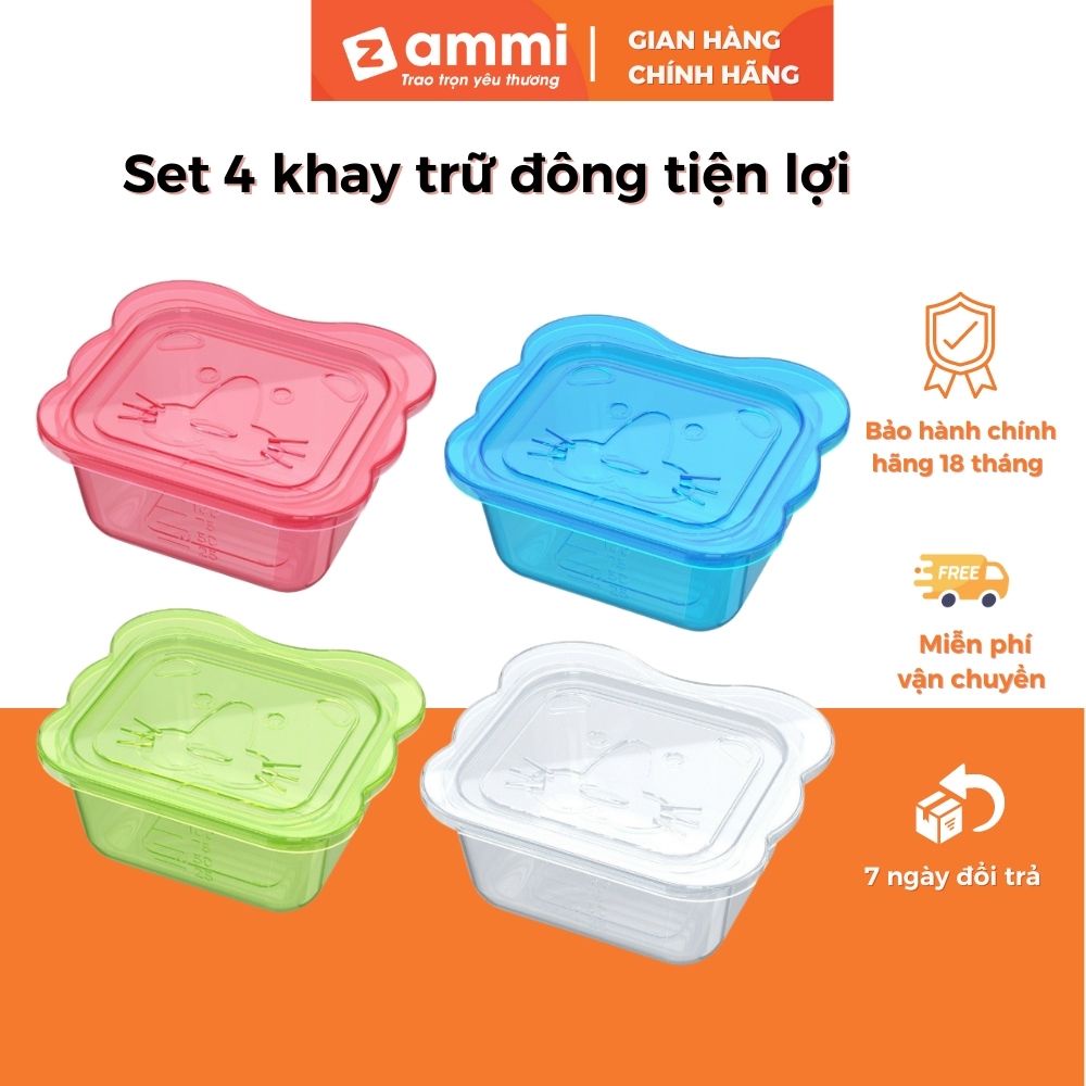 Set 4 Khay Trữ,Hộp Trữ Đông Bảo Quản Thức Ăn Cho Bé, Hộp Đựng Thực Phẩm Bằng Nhựa Zammi Phân Phối Chính Hãng