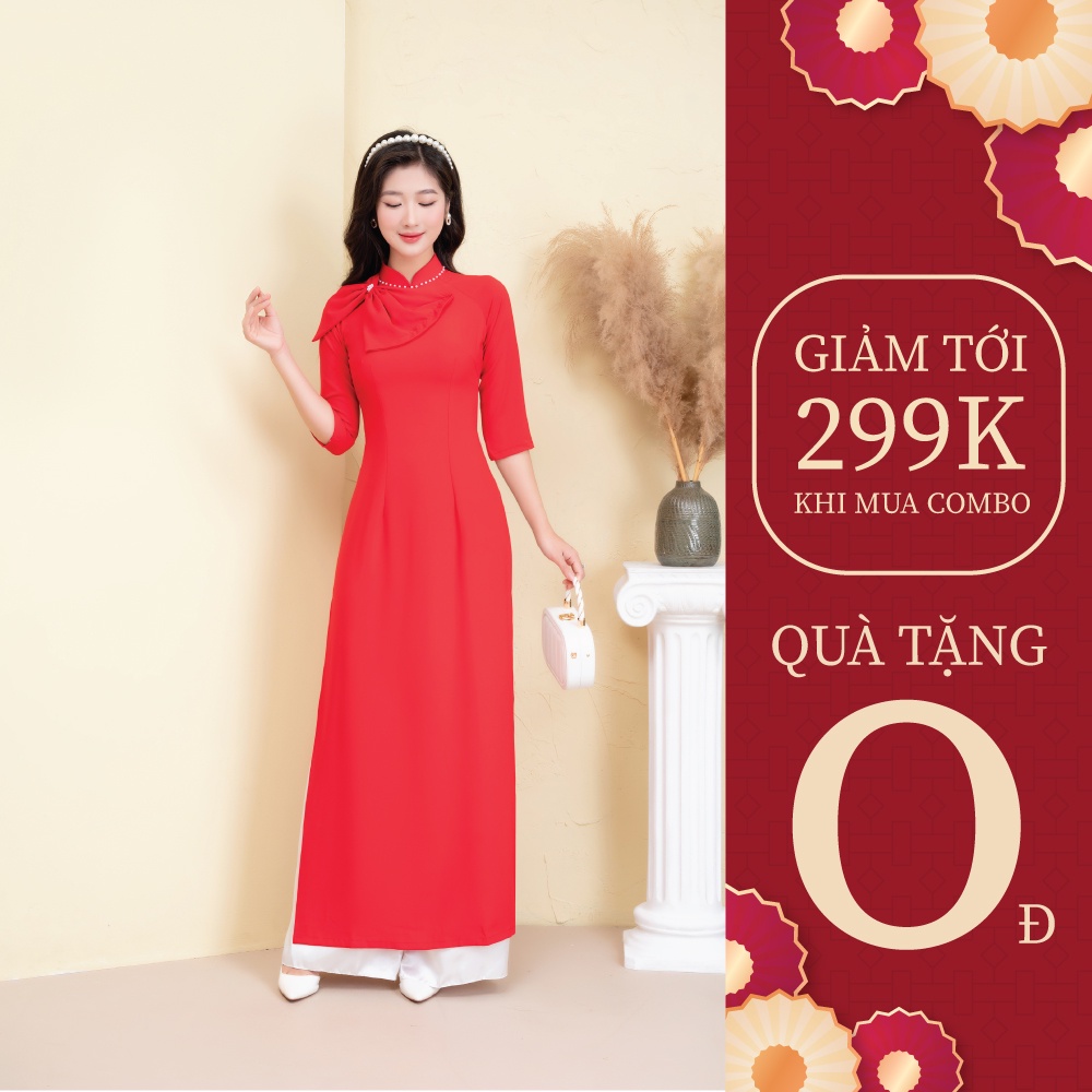 Áo dài truyền thống lụa đỏ cổ đính nơ by Quỳnh Hương