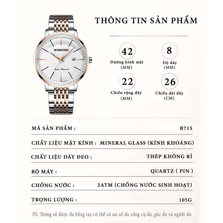 Đồng hồ nam Binbond B715 mặt tràn viền sang trọng hiện đại