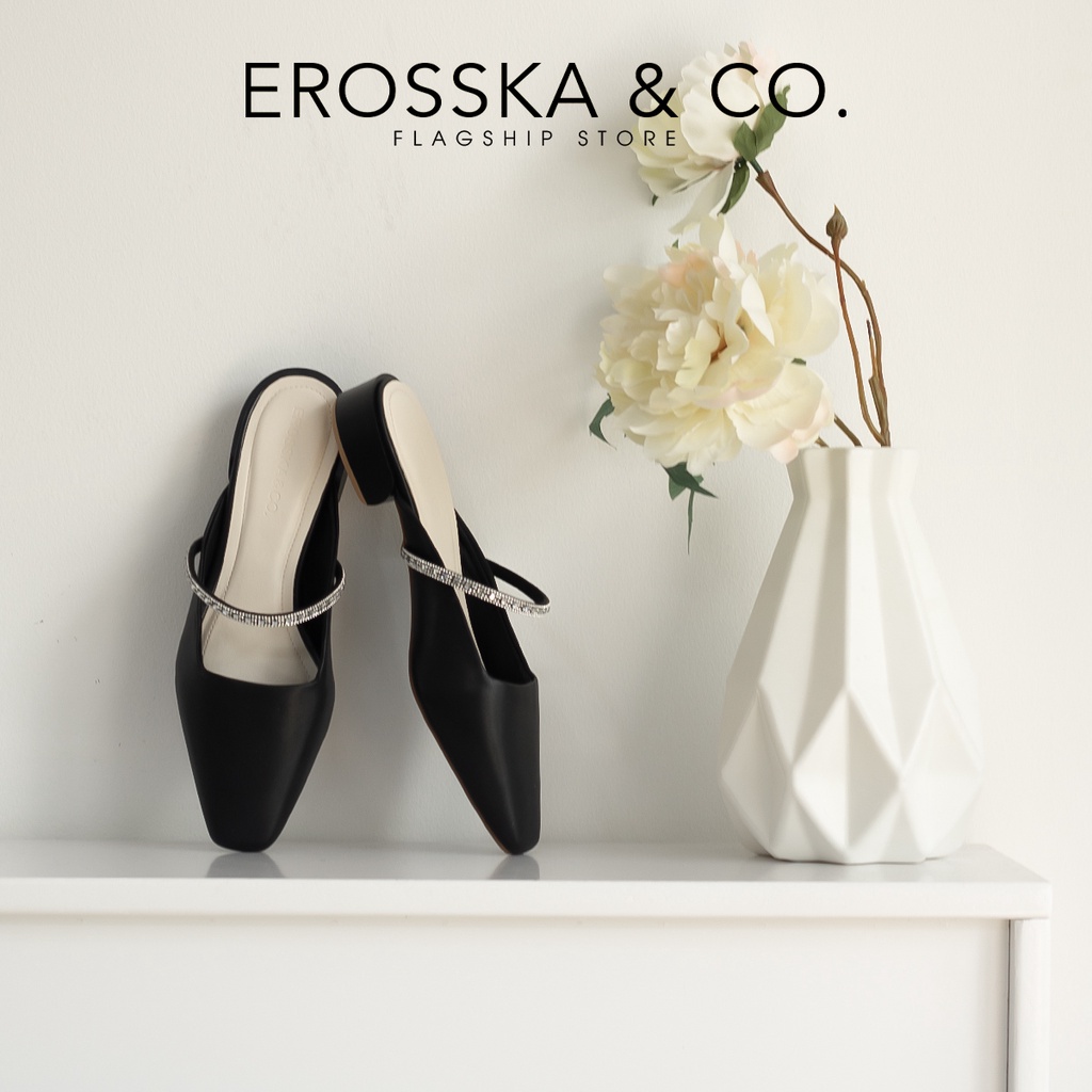 [Form nhỏ tăng 1 size] Erosska - Giày sục nữ mũi vuông phối dây đính đá sang trọng cao 3cm màu nude - EL028