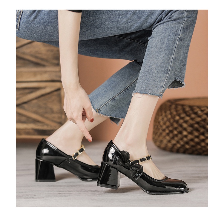 Giày Cao Gót Da Bóng Đính Nơ Lụa Bóng Kiểu Pháp Xinh Xắn Cho Nữ