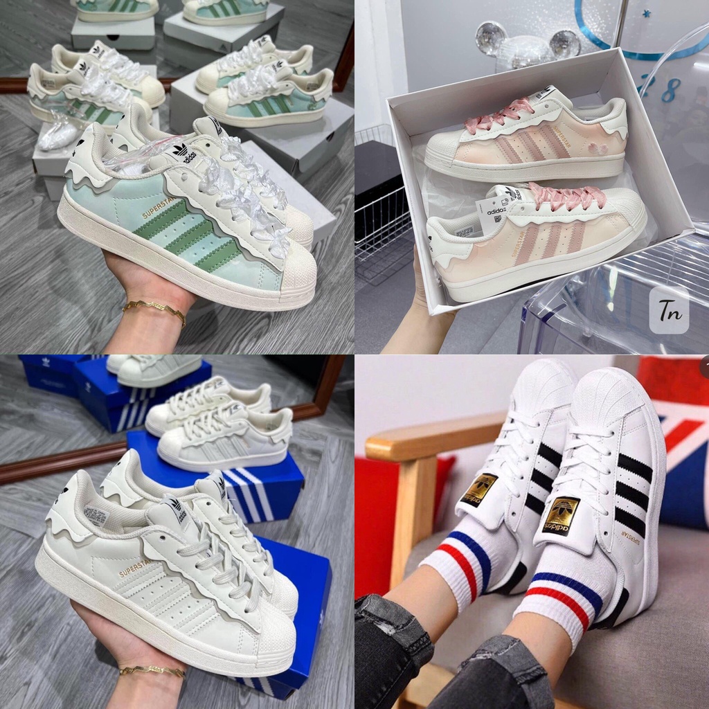 Giày sneaker adidas superstar hồng + xanh kem trắng, giầy das sò 3 sọc hồng, xanh nữ cực chất hot trend 2022